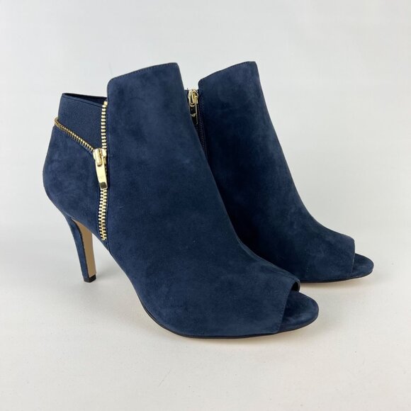 Marc Fisher Womens Serenity Peep Toe Booties Blue Suede Zip Detail size 10W Wide - Picture 1 of 16